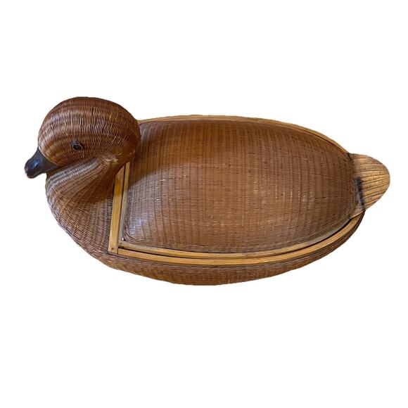 Vtg Shanghai Handicrafts Wicker Bamboo Duck Woven Basket Storage 1960s 14x9” - Picture 2 of 12